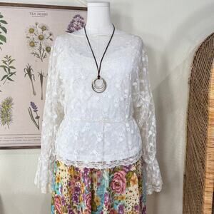 Vintage 60s 70s Sheer Floral Lace Top Romantic Coquette Fairy Dollette Cottage S